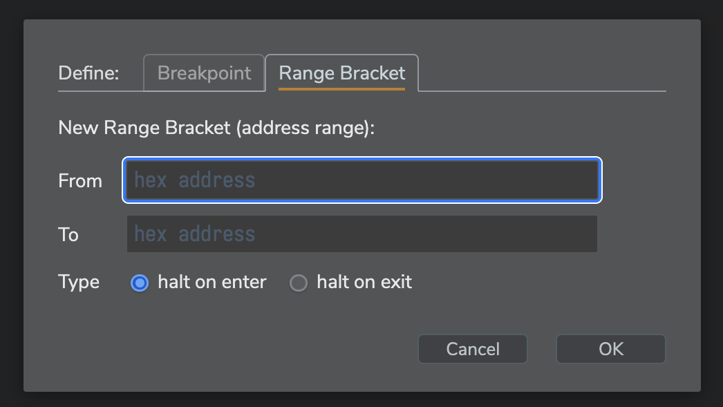 Breakpoint prompt for the PET 2001 emulator, range bracket tab.